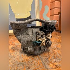 Marni Grey Woven Handbag with Soft Flowers Designer Purse